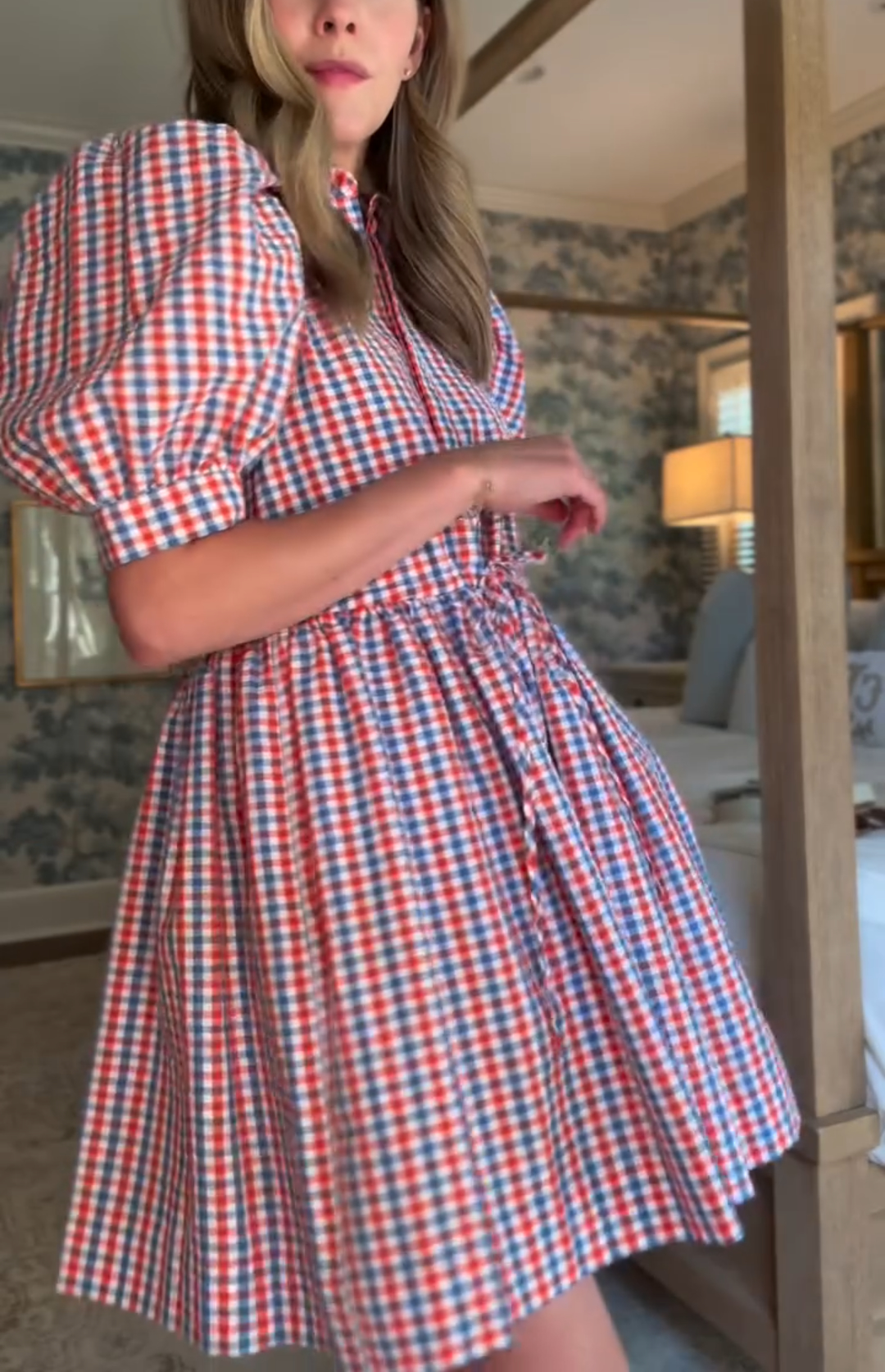 Check Puff Sleeve Mini Dress