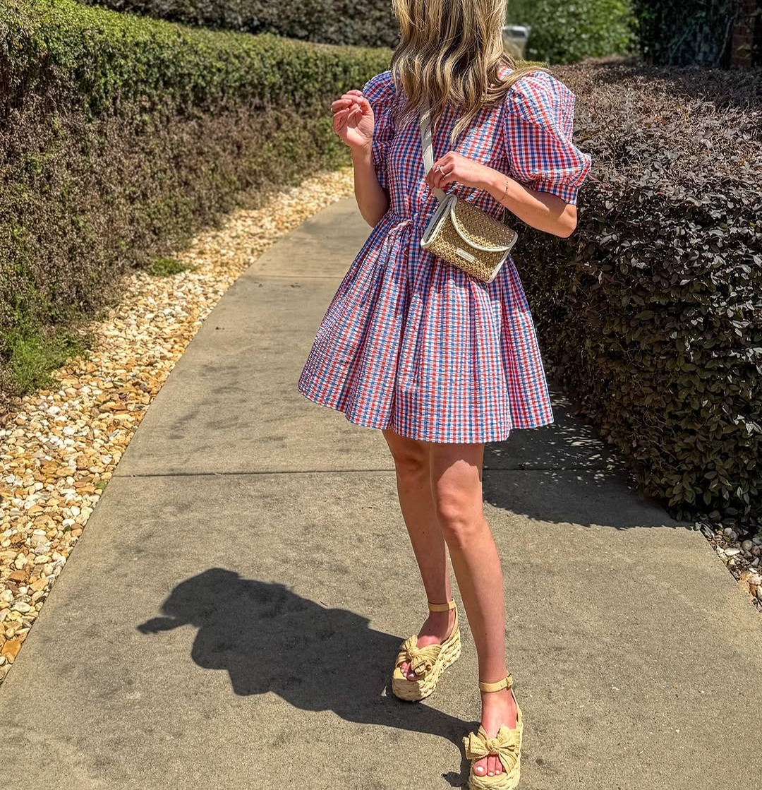 Check Puff Sleeve Mini Dress