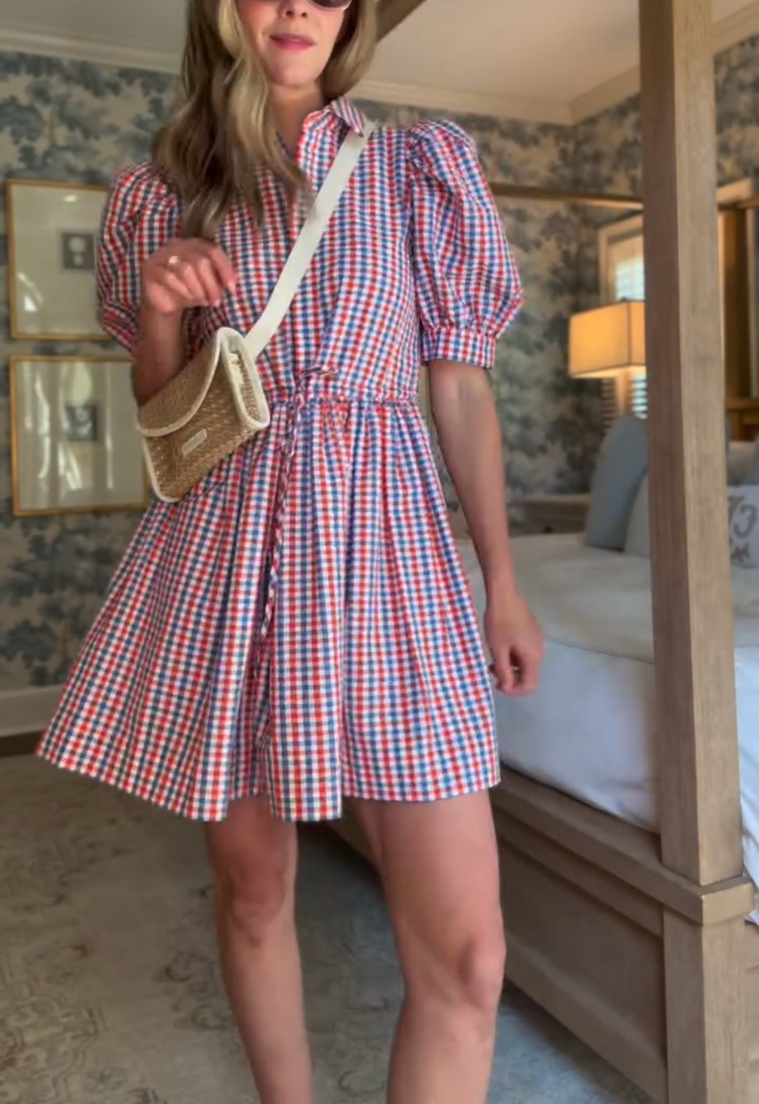 Check Puff Sleeve Mini Dress