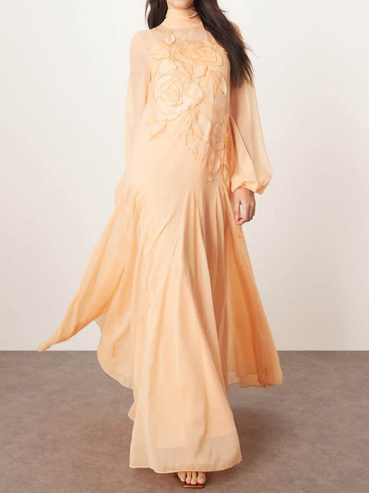 Applique Floral Tie Neck Blouson Sleeve Maxi Dress