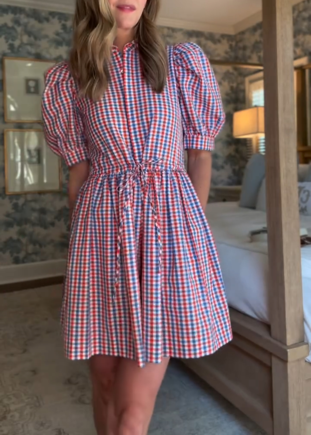 Check Puff Sleeve Mini Dress