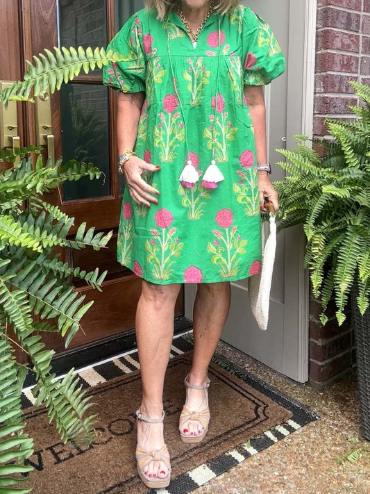 Floral Print V-neck Puff Sleeve Dress